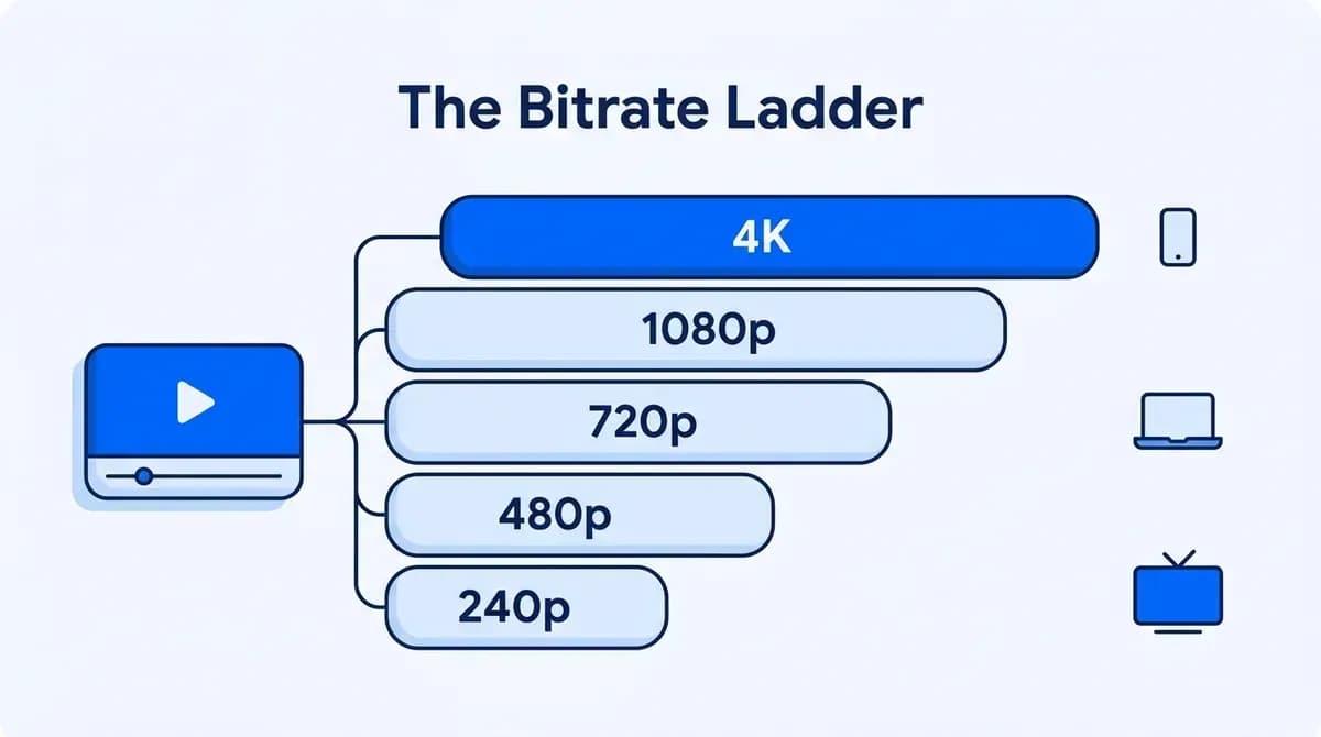 The bitrate ladder: one video encoded at 240p, 480p, 720p, 1080p and 4K