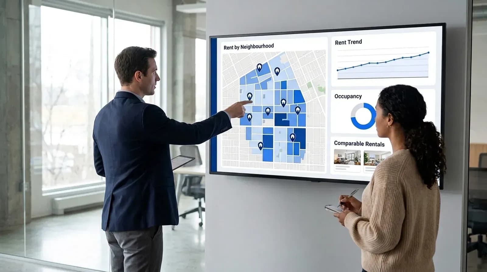 Real estate agent showing a property owner a rental dashboard with rent by neighbourhood, rent trend, occupancy and comparable rentals
