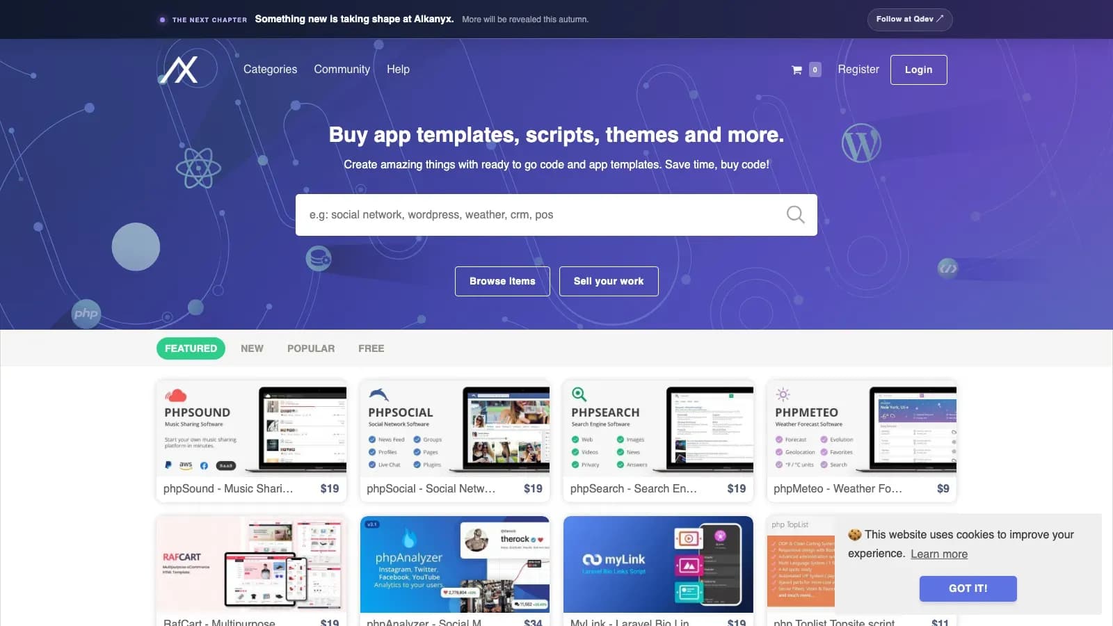 Alkanyx home page, a marketplace for app templates, scripts and themes