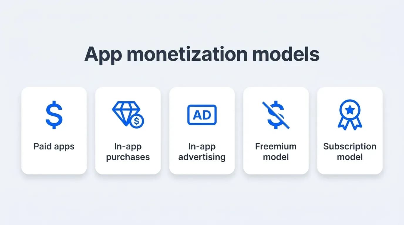 App monetization models: paid apps, in-app purchases, in-app advertising, freemium and subscription