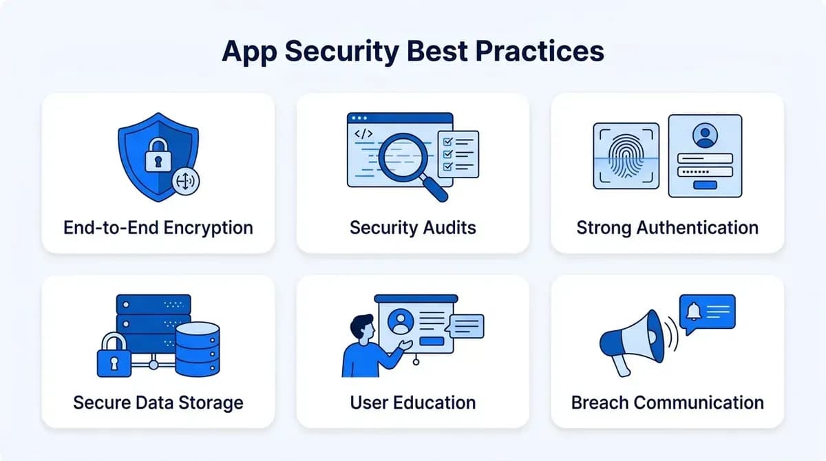 App security best practices: end-to-end encryption, security audits, strong authentication, secure data storage, user education and breach communication
