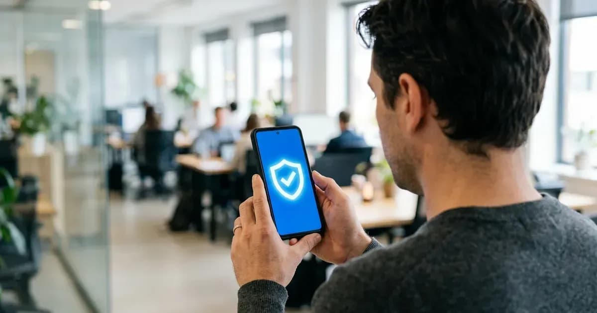 Uma pessoa segurando um celular com um escudo de segurança em um app