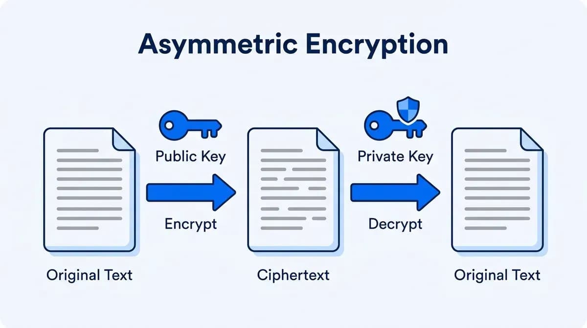 Asymmetric encryption: a public key encrypts the original text and a private key decrypts it
