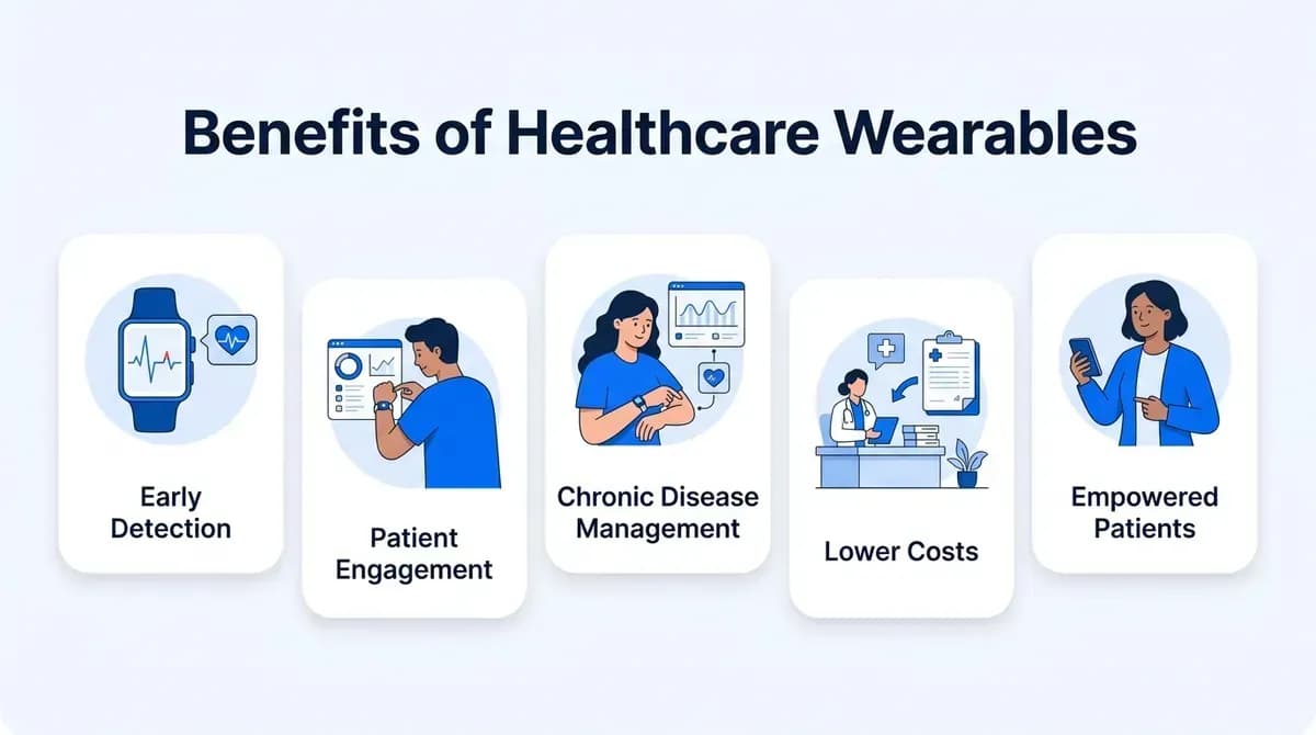 Benefits of healthcare wearables: early detection, patient engagement, chronic disease management, lower costs and empowered patients