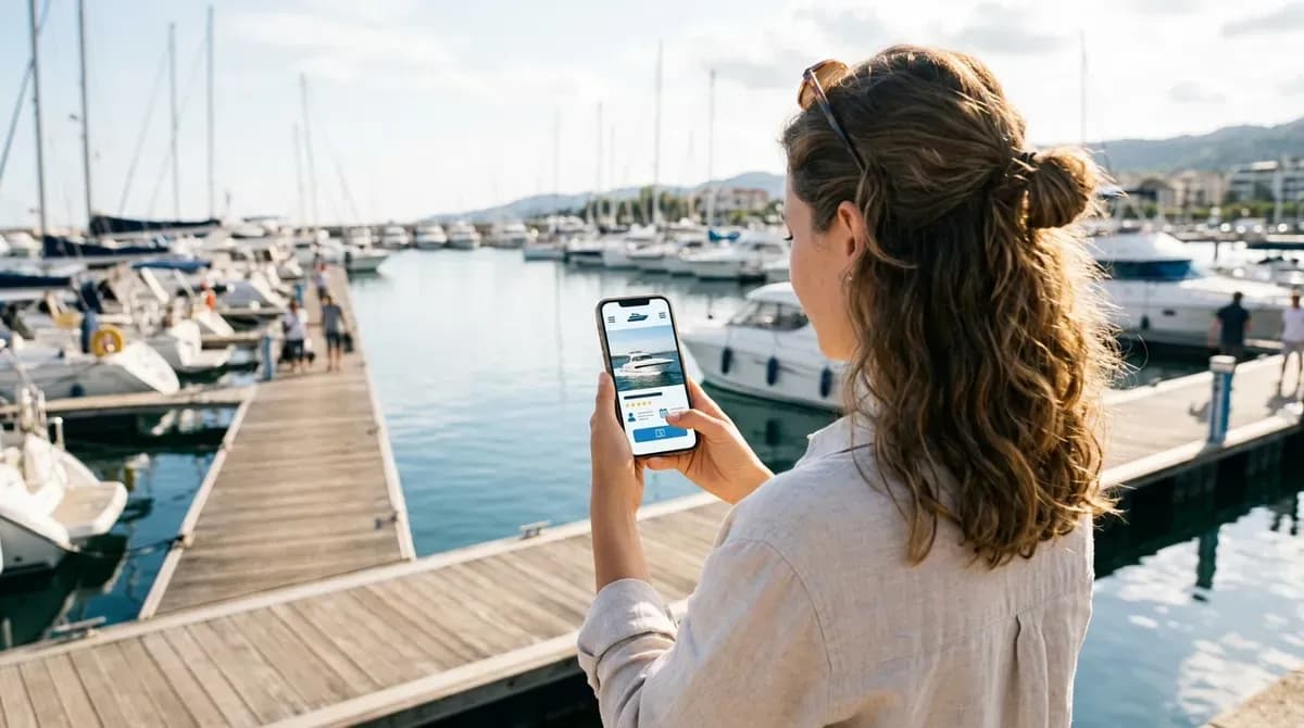 A renter booking a boat on a phone app at the marina