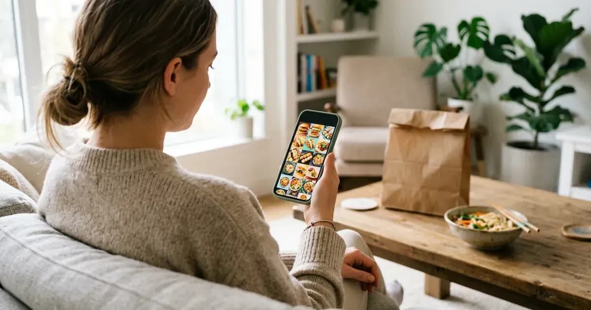 A woman on a sofa ordering food on a delivery app, with a bowl of noodles and a delivery bag on the table