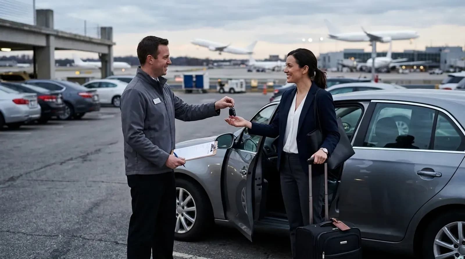 Business traveler collecting a rental car at an airport