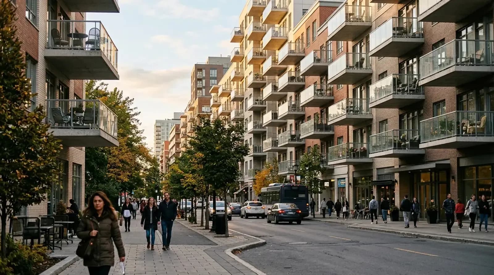 Busy city street lined with apartment buildings in a high-demand rental area