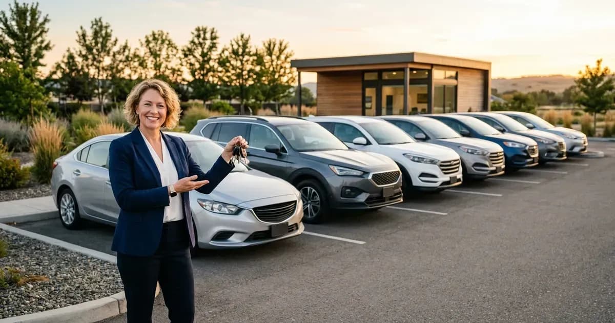 Car rental business owner standing beside a row of rental cars