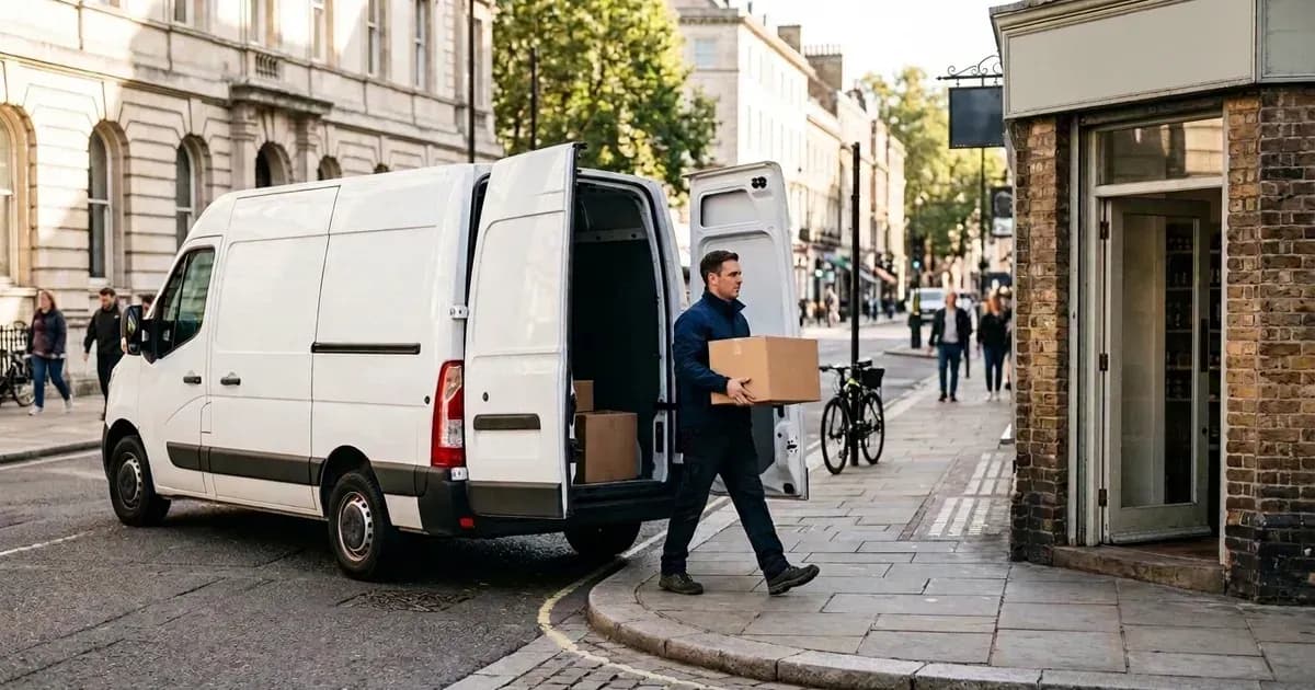 A delivery driver carrying a parcel from a white cargo van to a shop