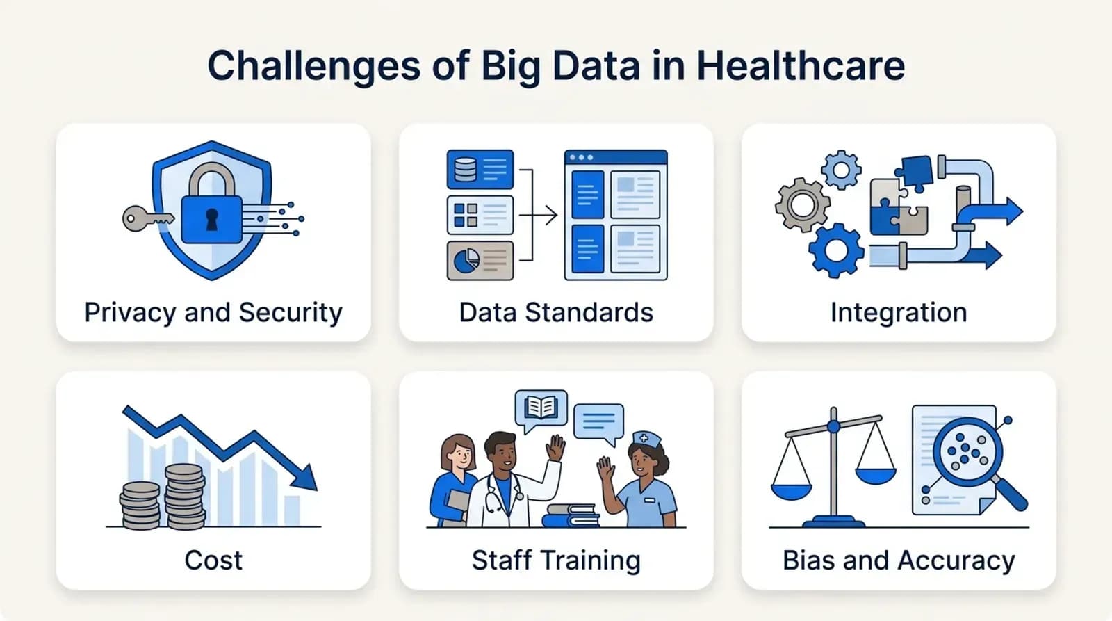 Challenges of big data in healthcare: privacy and security, data standards, integration, cost, staff training, bias and accuracy