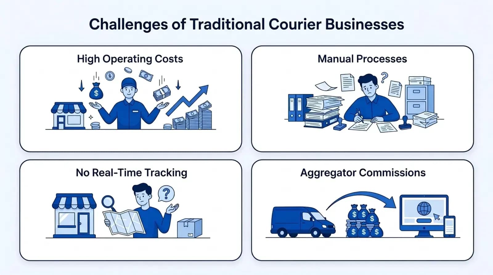 Challenges of traditional courier businesses: high operating costs, manual processes, no real-time tracking and aggregator commissions