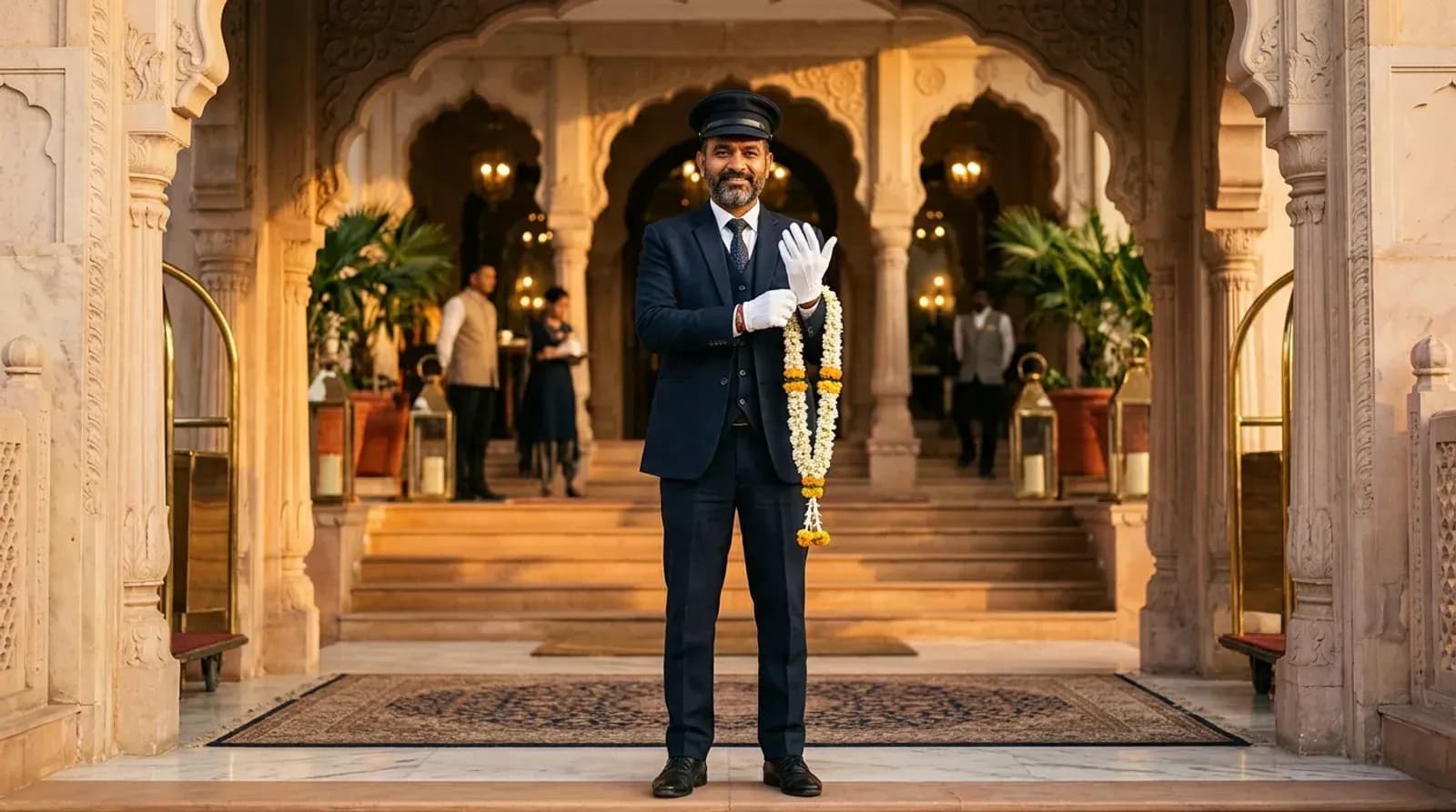 Chauffeur with a flower garland at a grand hotel entrance