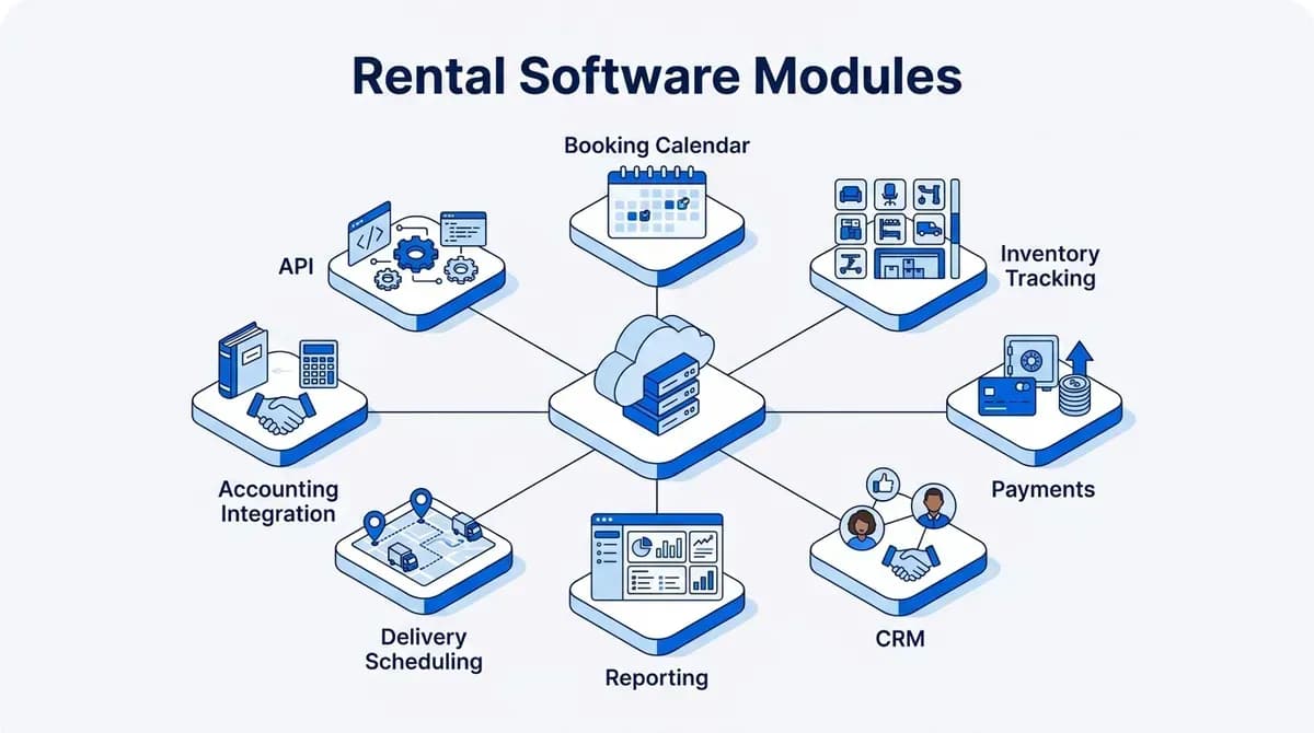 Rental software modules: booking calendar, inventory tracking, payments, CRM, reporting, delivery scheduling, accounting integration and API