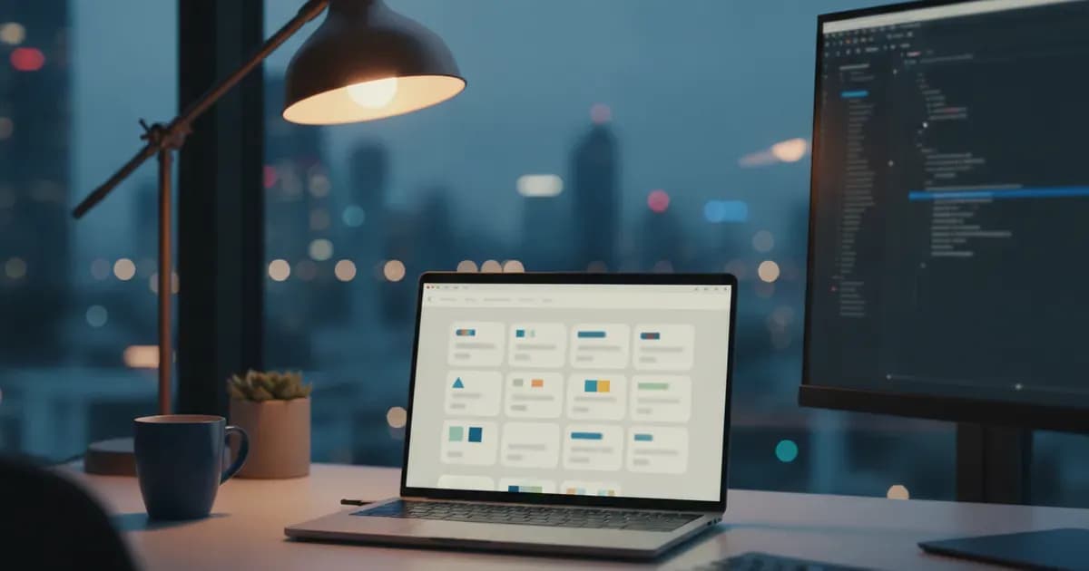 Schreibtisch eines Entwicklers in der Abenddämmerung mit einem Laptop, der ein Raster aus Softwareprodukten zeigt, und einem zweiten Monitor mit Code