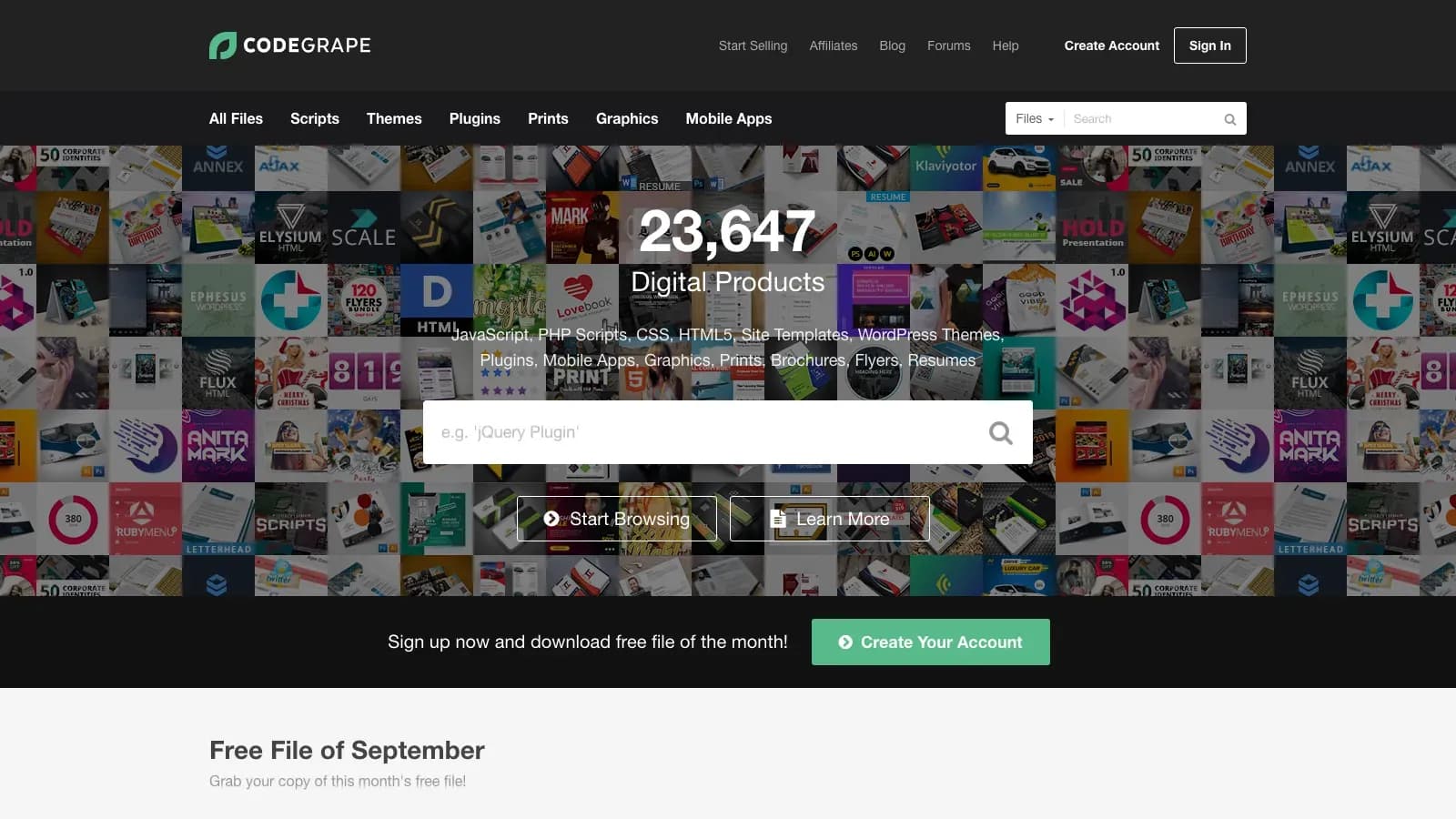CodeGrape home page, a marketplace for scripts, themes, plugins and apps
