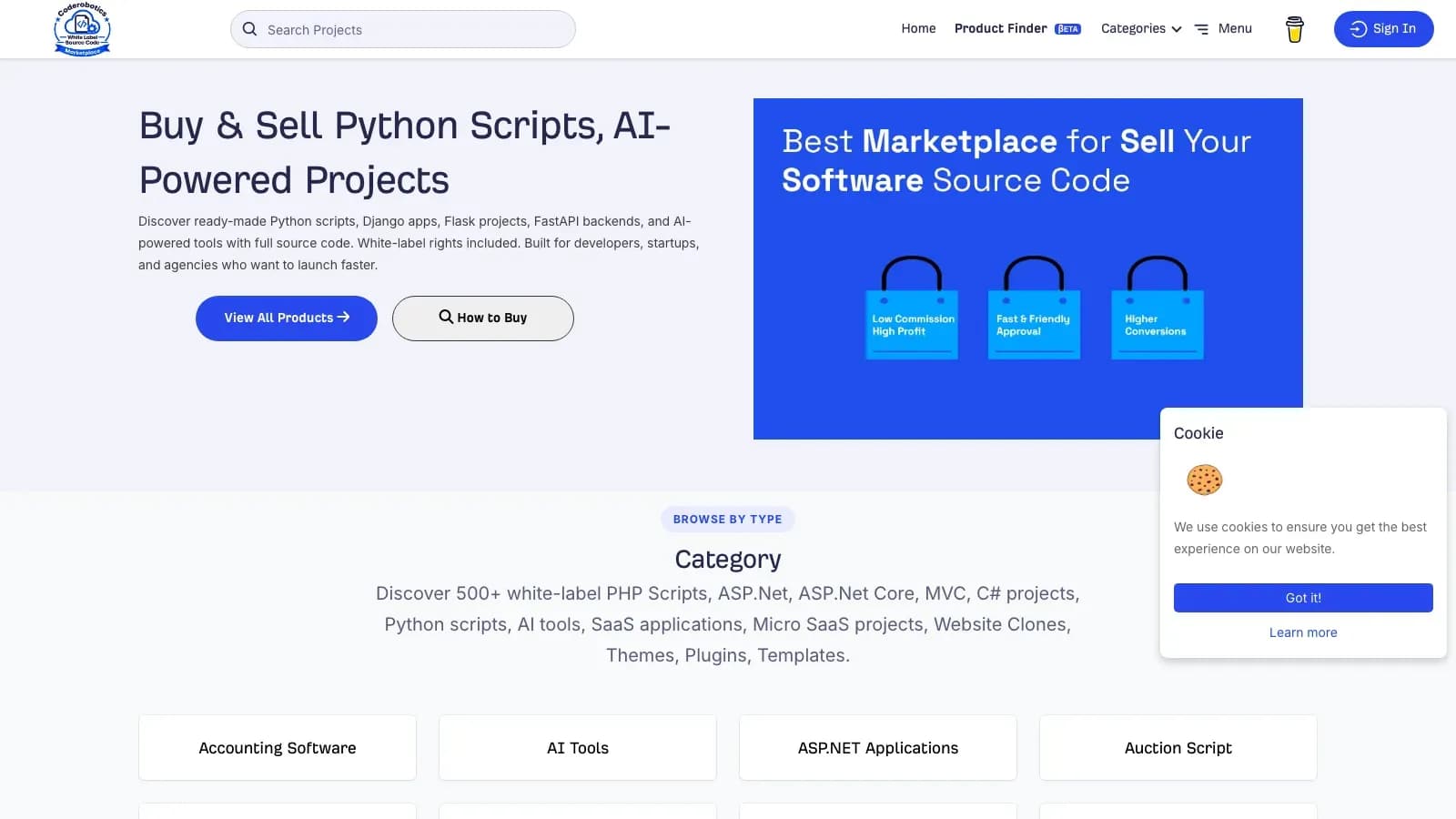 Coderobotics home page, a marketplace for buying and selling white-label source code