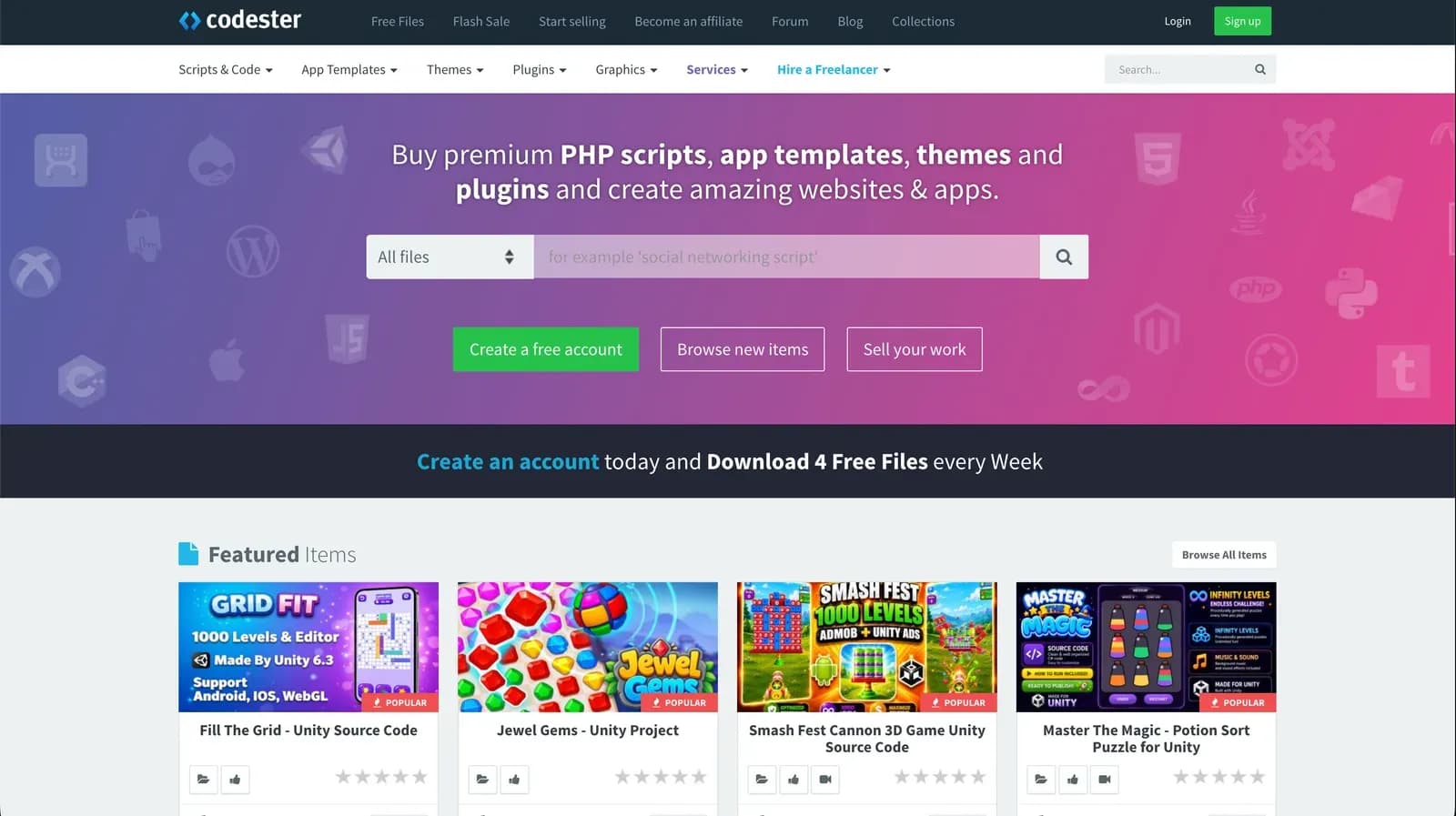 Codester's home page, a marketplace for PHP scripts, app templates, themes and plugins
