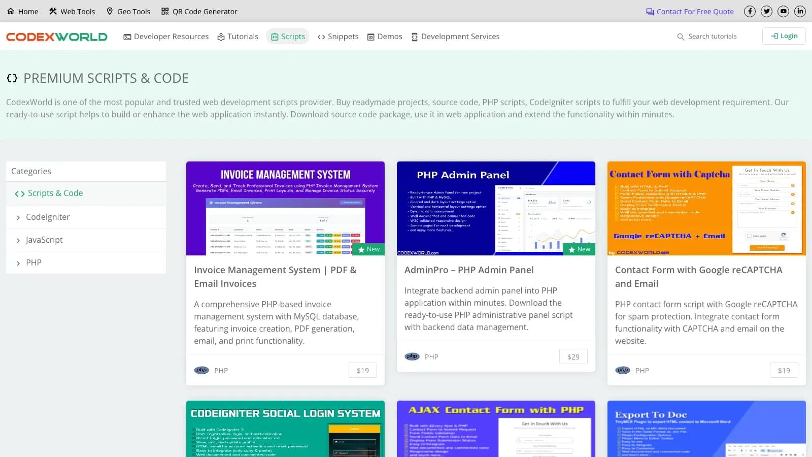 CodexWorld scripts page, which sells ready-to-use PHP scripts and projects