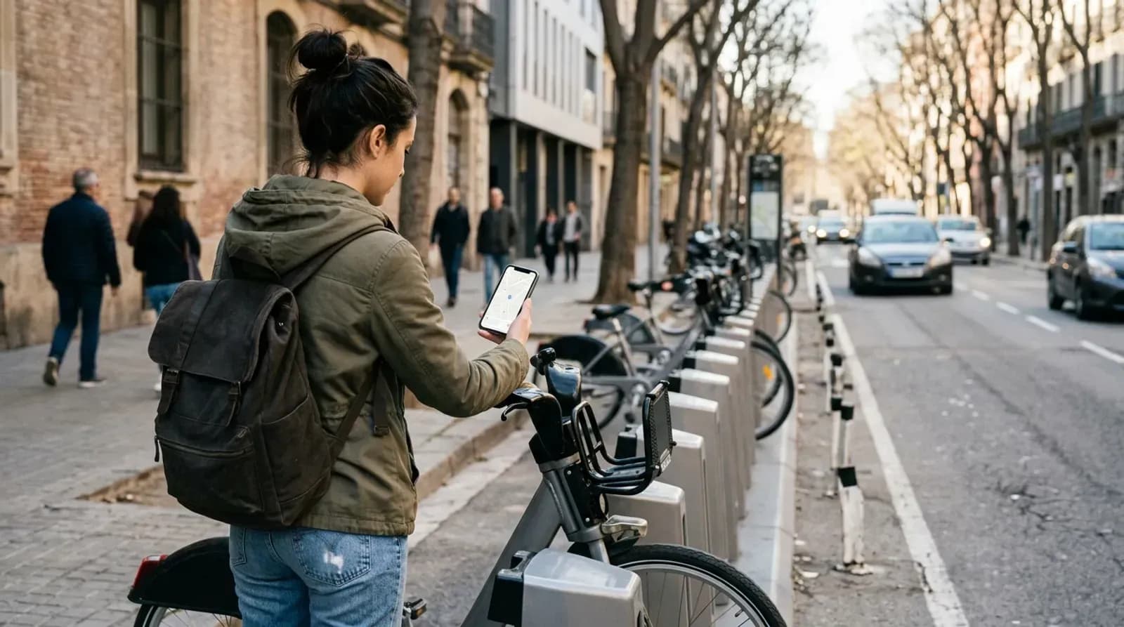 Commuter unlocking a rental bike from a bike-share dock with a smartphone