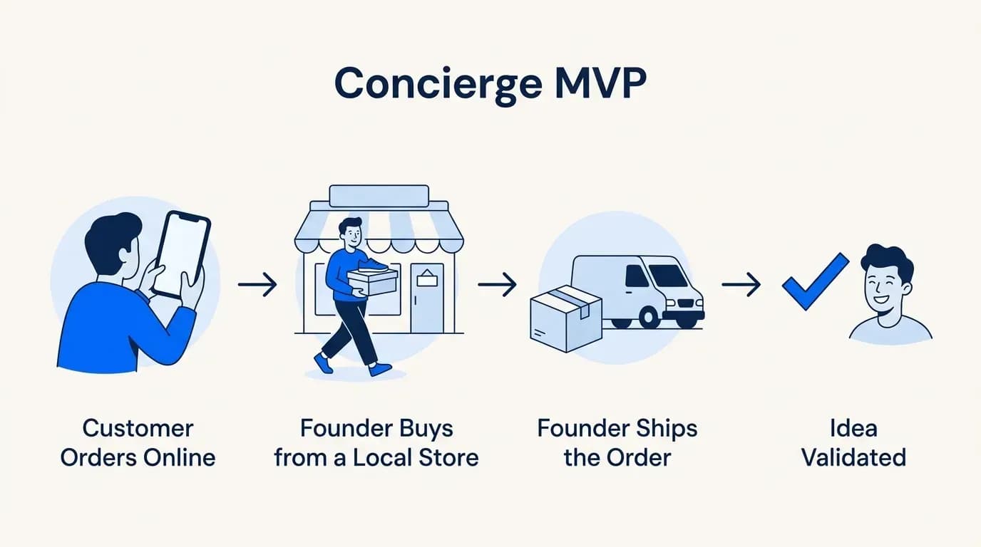 Concierge MVP: the customer orders online, the founder buys from a local store, ships the order, and the idea is validated
