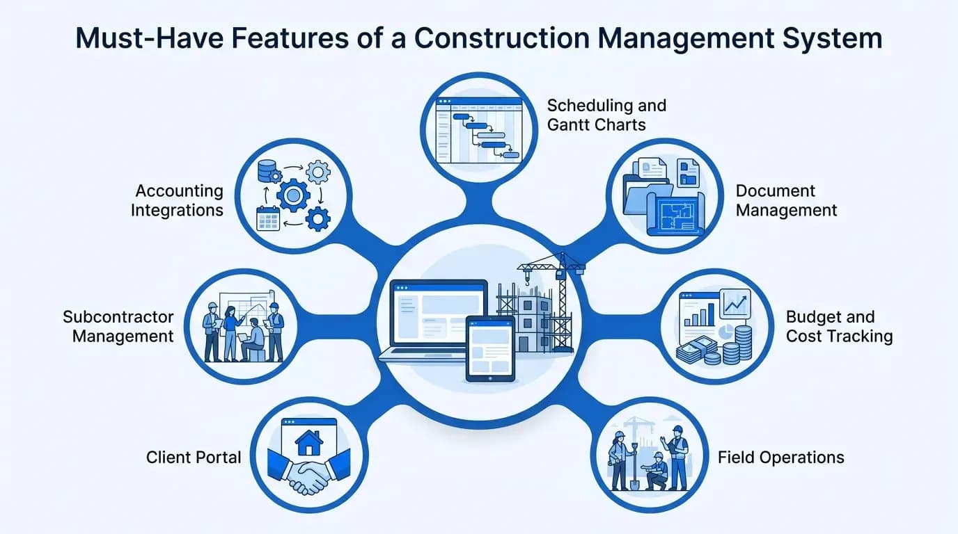 Must-have features of a construction management system: scheduling, documents, budgets, field operations, client portal, subcontractors and accounting