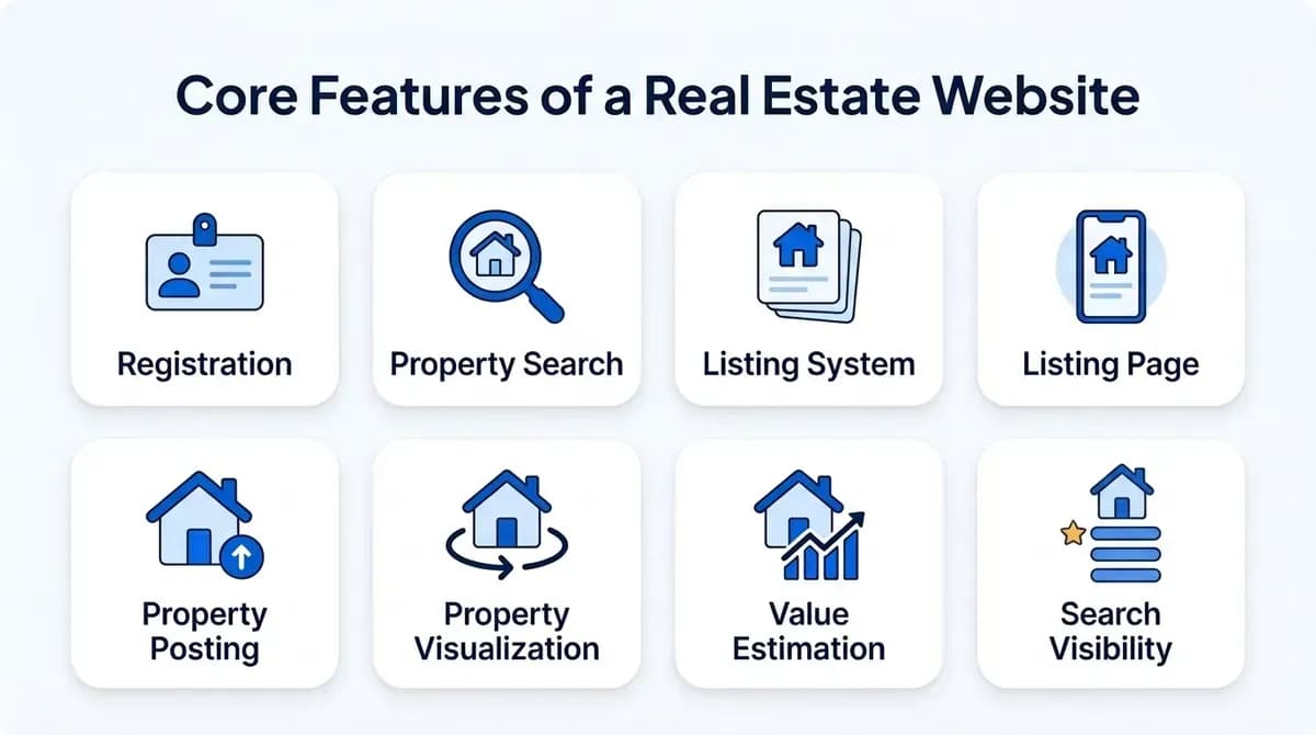 Core features of a real estate website: registration, property search, listing system, listing page, property posting, property visualization, value estimation and search visibility
