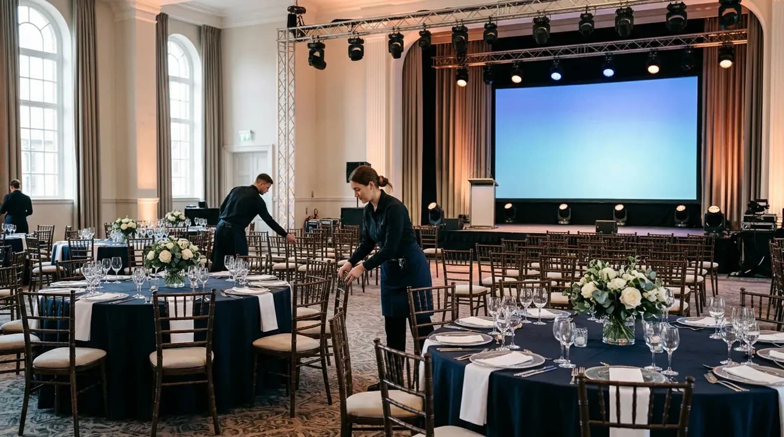 Corporate event set up with rented tables, chairs, lighting and AV equipment