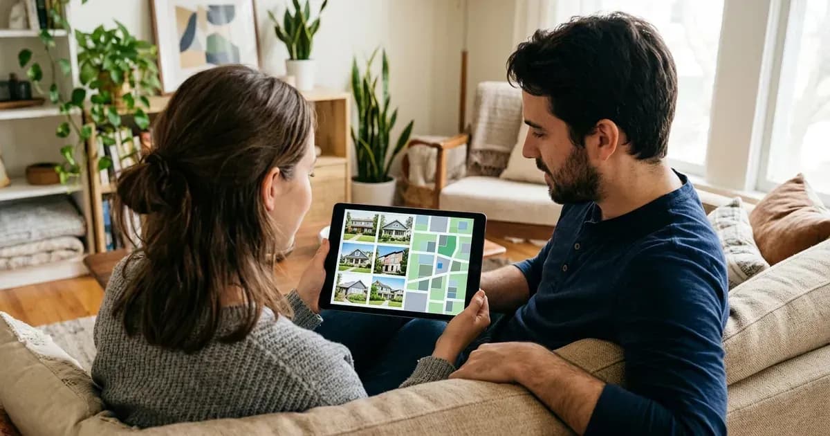 A couple browsing home listings together on a tablet