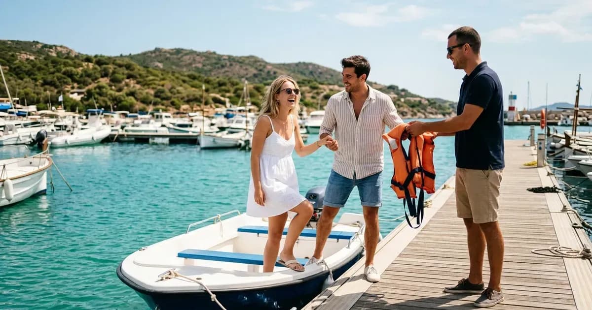 Couple renting a motorboat at a sunny marina