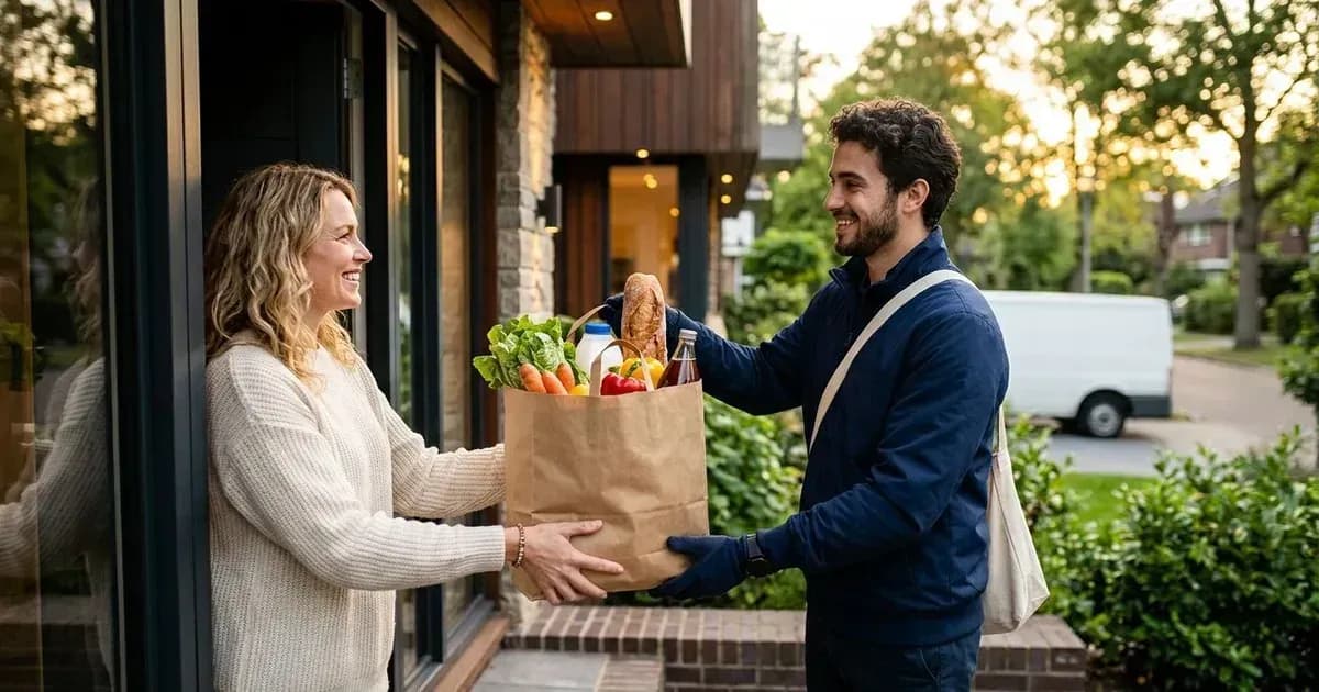 Courier handing a bag of groceries to a customer at the door
