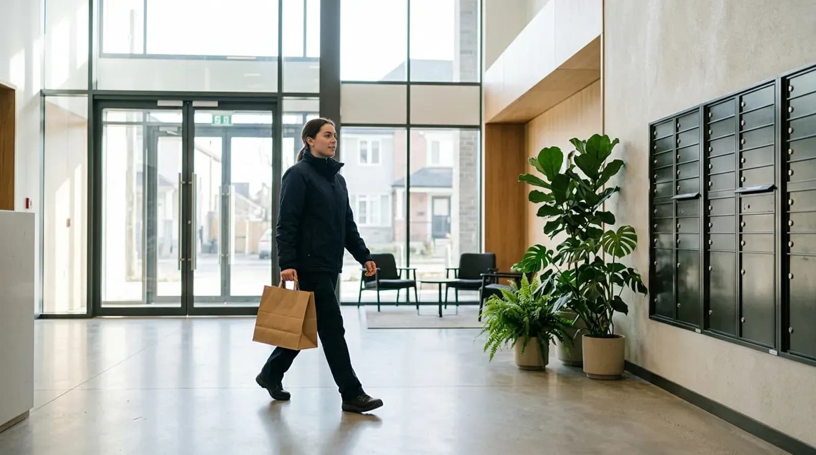 Courier carrying a food delivery through an apartment building lobby