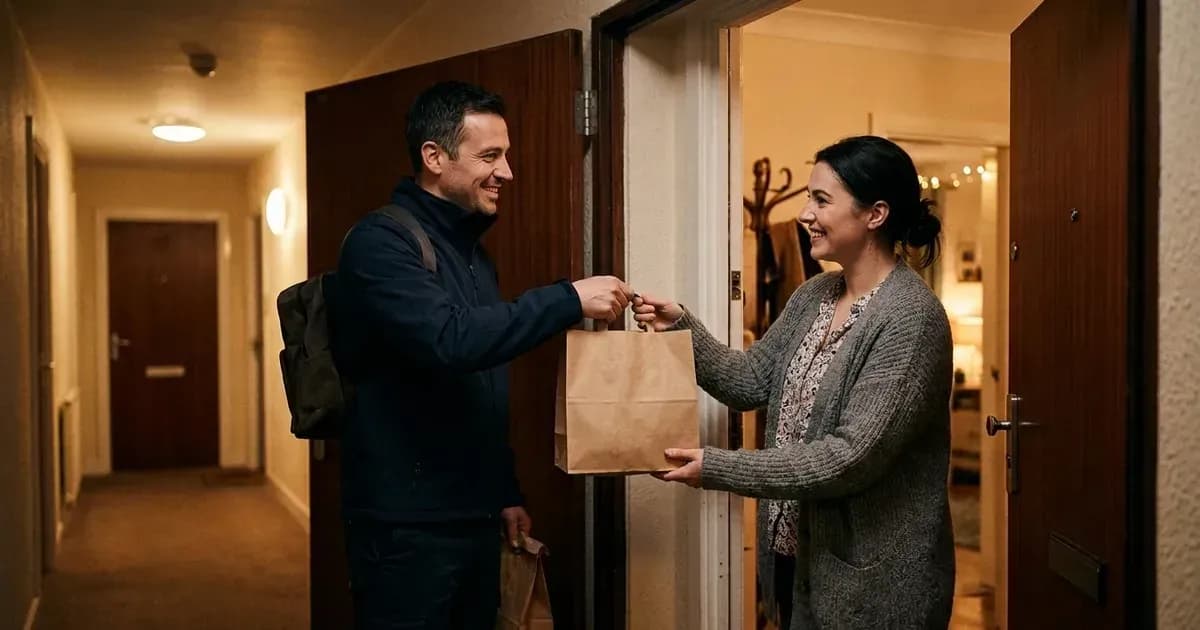 Courier handing a food order to a customer at an apartment door
