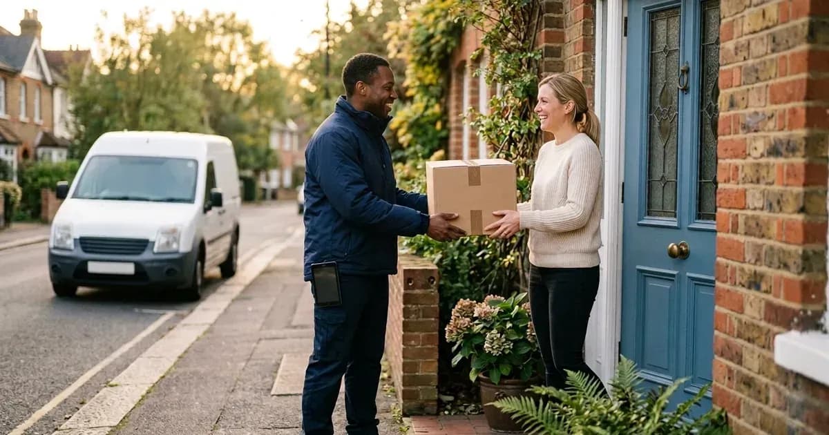 Courier handing a parcel to a customer at the front door