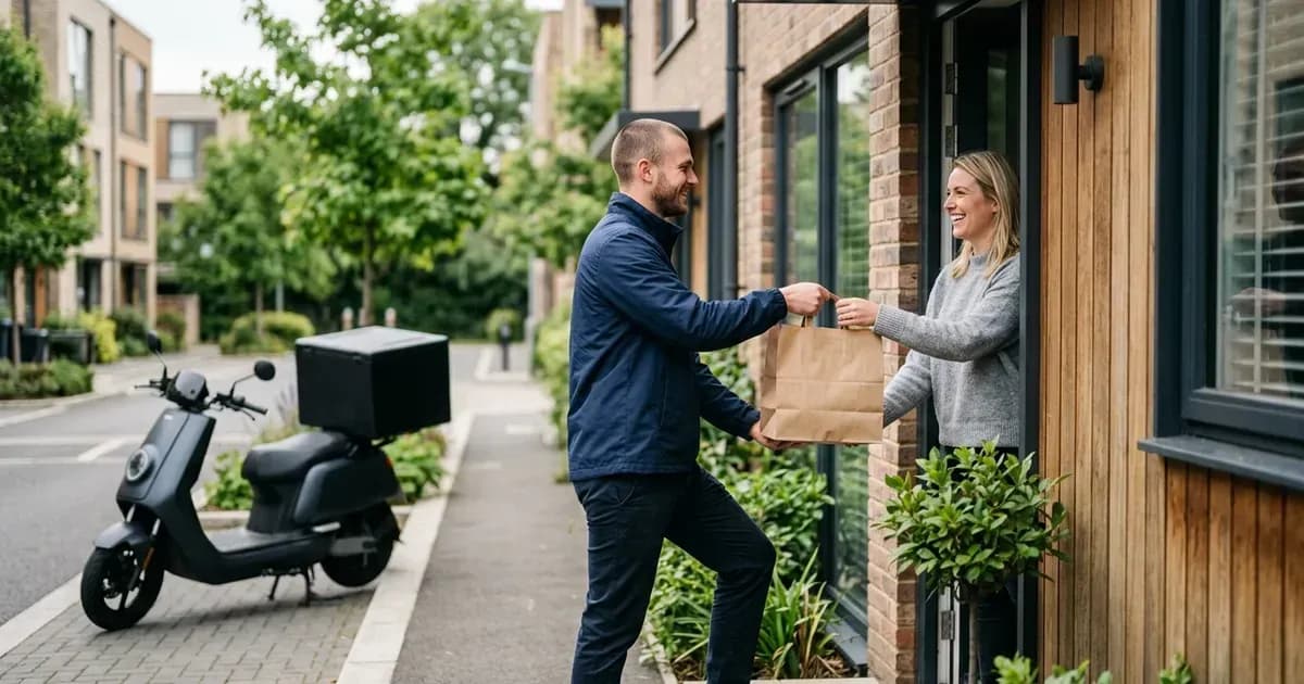 A courier handing a delivery bag to a smiling customer at a townhouse door, with an electric delivery scooter at the curb