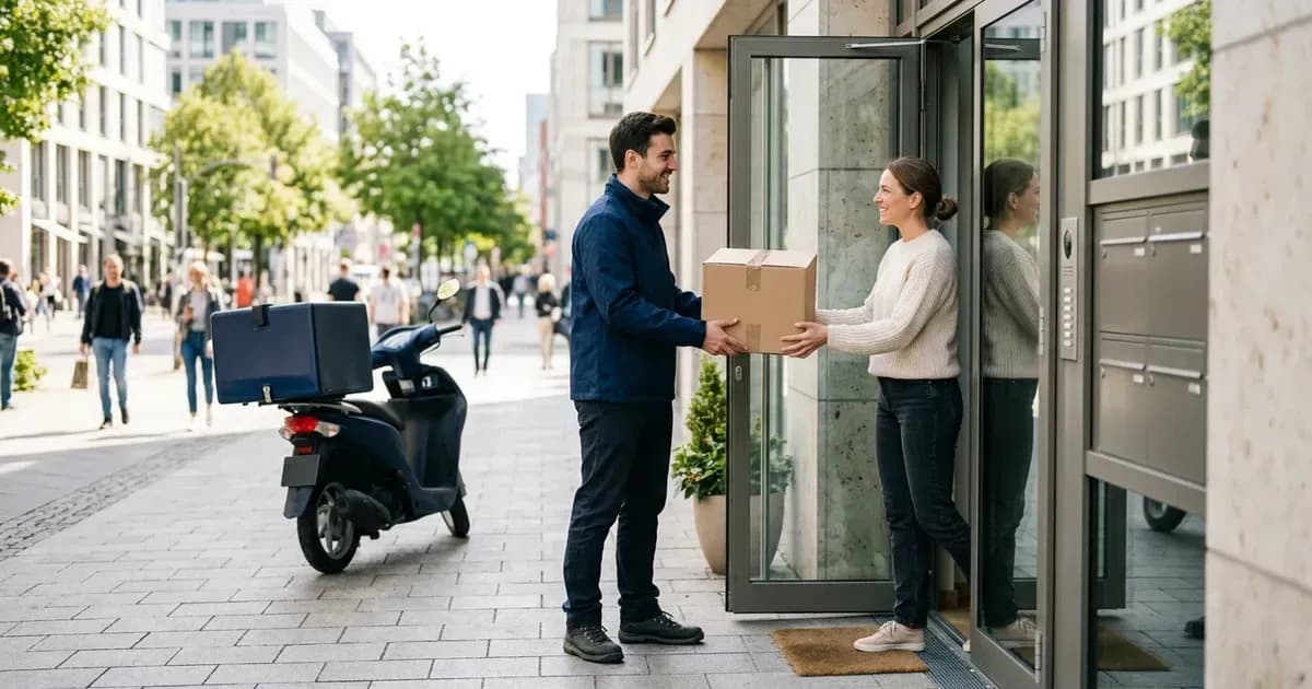 Courier handing a parcel to a customer at the door