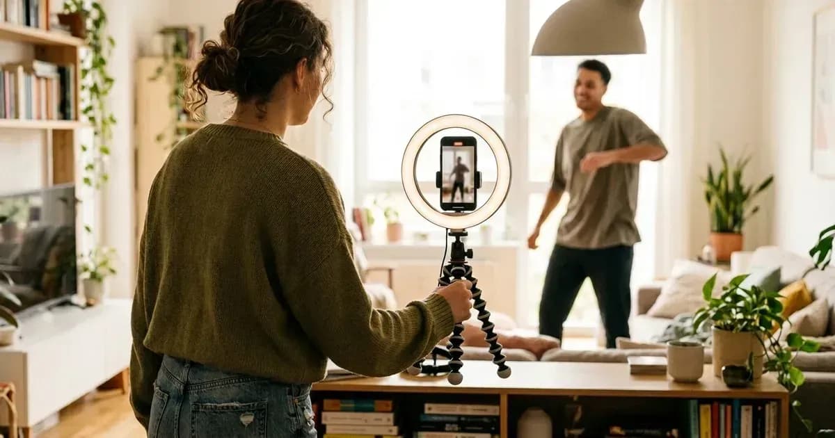 Creatorin filmt mit Smartphone und Ringlicht ein kurzes Video von einer Tänzerin