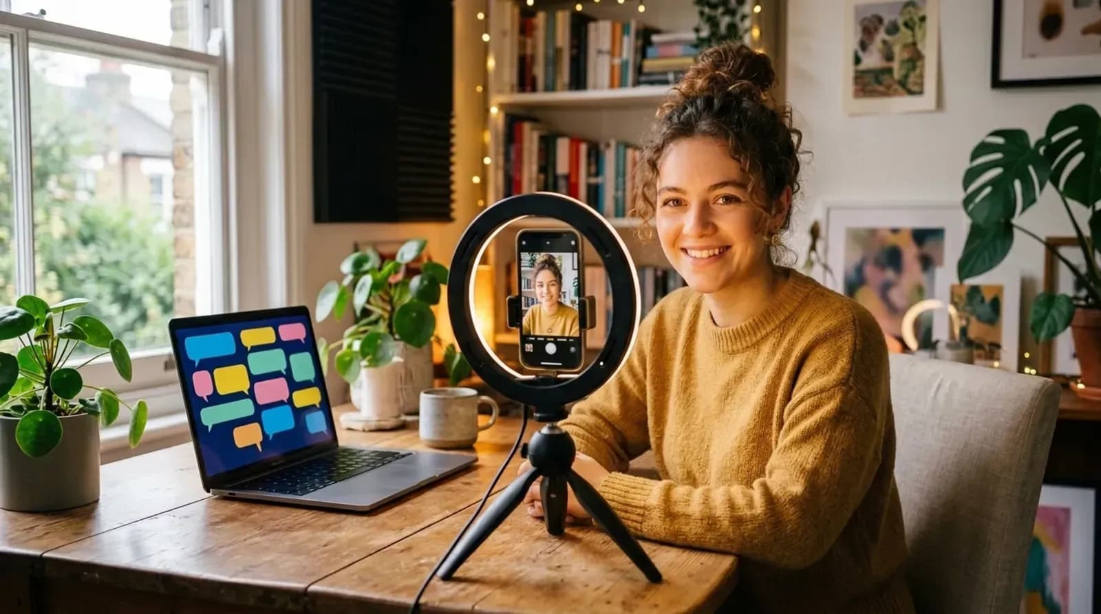 Creator going live from a home studio with a ring light and a smartphone