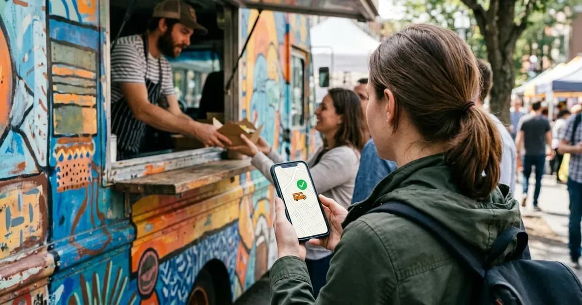 Un cliente pide comida en un food truck con una app móvil