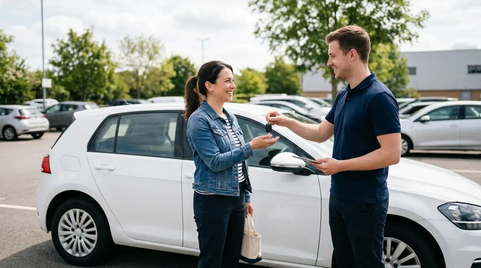 Customer receiving car keys from a rental agent