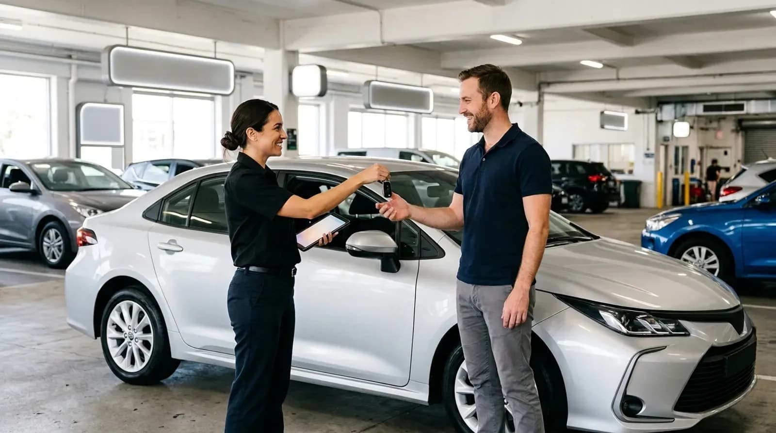 Customer picking up rental car keys from an agent