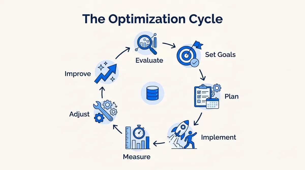 The database optimization cycle: evaluate, set goals, plan, implement, measure, adjust and improve