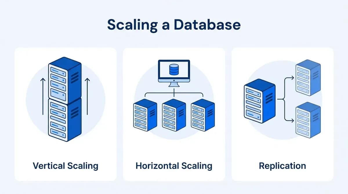 Scaling a database: vertical scaling, horizontal scaling and replication