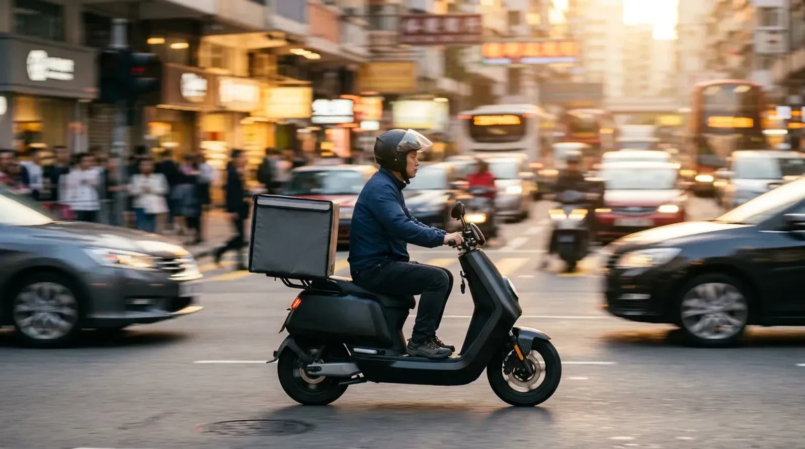 Delivery rider on an electric scooter in a busy city street