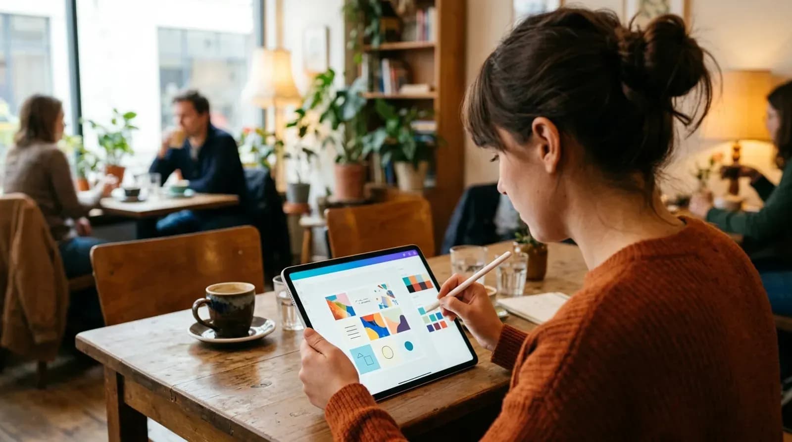 Designer creating a social media post on a tablet with a stylus