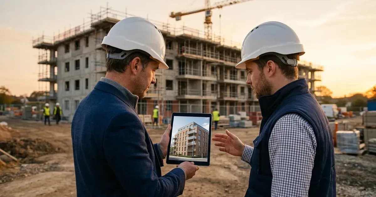 Promotor inmobiliario e ingeniero de obra revisan el diseño de un edificio en una tableta