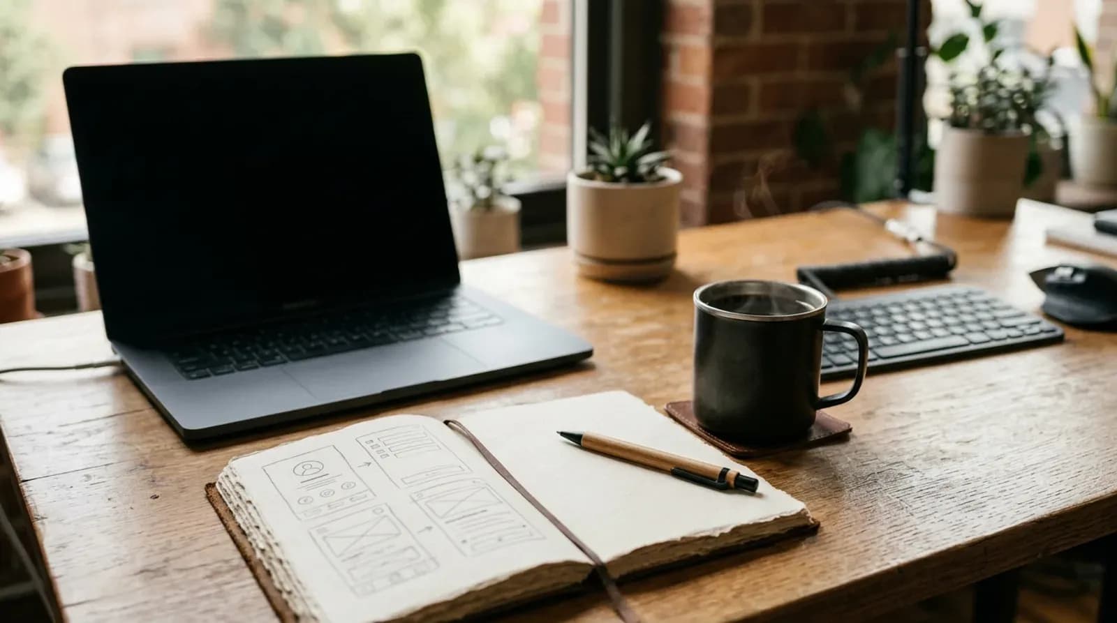 Developer desk with laptop, code editor, and app screen sketches