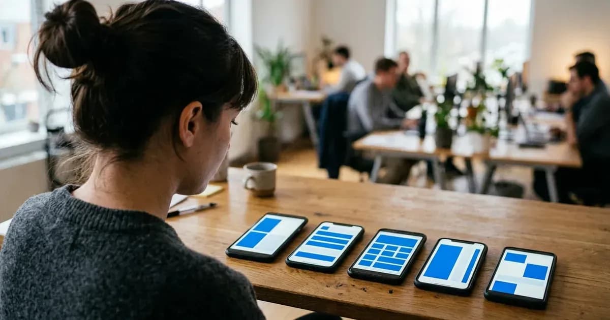 Developer testing an app on several smartphones laid out on a desk