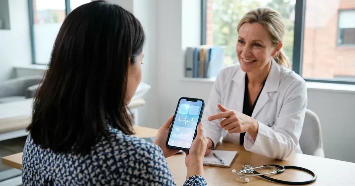 Doctor and patient looking at a health app on a smartphone