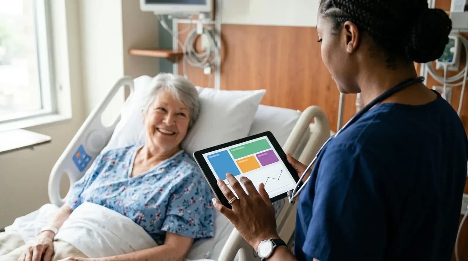 Doctor reviewing a patient's unified record on a tablet at the bedside